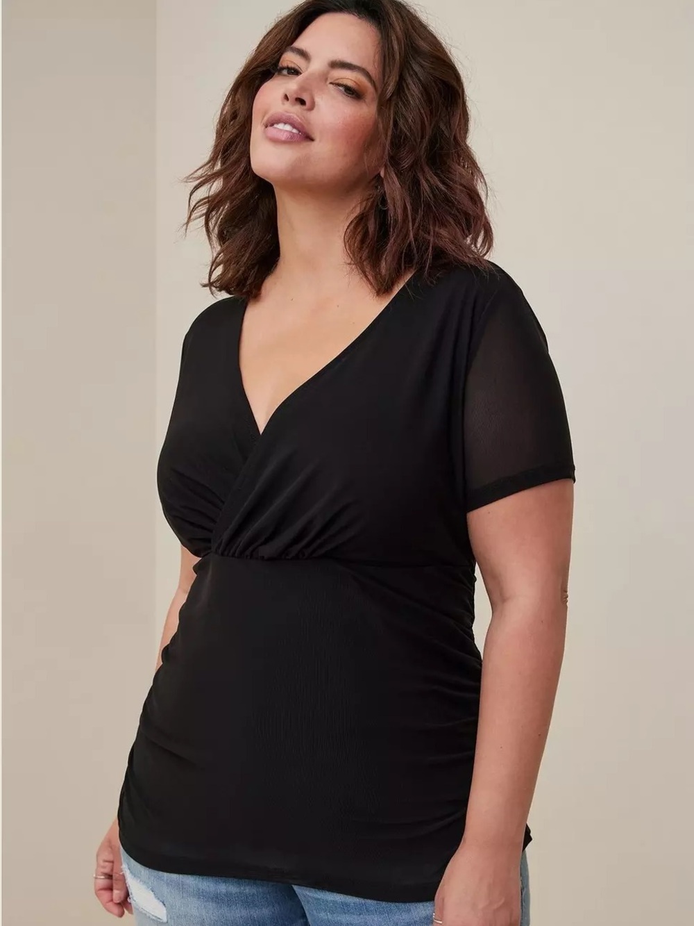 Torrid Black Stretch Mesh Surplice V-Neck Shirred Top Shirt Stretch Bodycon 2X